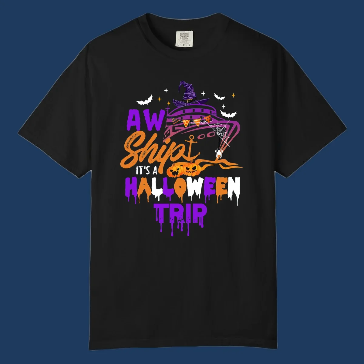 Halloween cruise trip design with purple witch hat UFO, jack-o-lantern pumpkins, spider web, bats, and festive party decorations