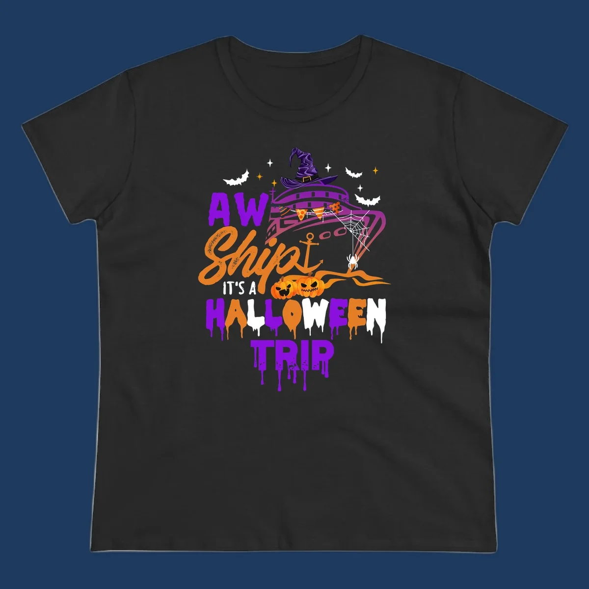 Halloween cruise trip design with purple witch hat UFO, jack-o-lantern pumpkins, spider web, bats, and festive party decorations