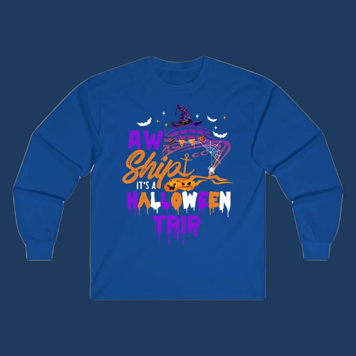 Halloween cruise trip design with purple witch hat UFO, jack-o-lantern pumpkins, spider web, bats, and festive party decorations