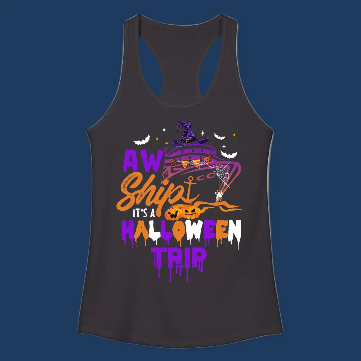 Halloween cruise trip design with purple witch hat UFO, jack-o-lantern pumpkins, spider web, bats, and festive party decorations