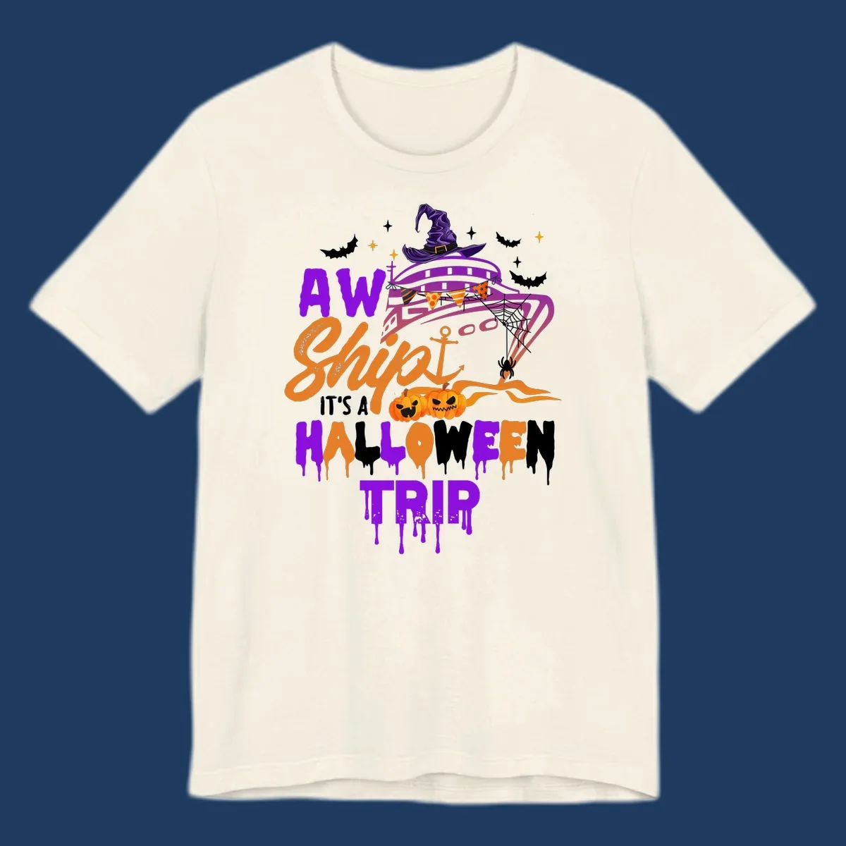 Halloween cruise trip design with purple witch hat UFO, jack-o-lantern pumpkins, spider web, bats, and festive party decorations