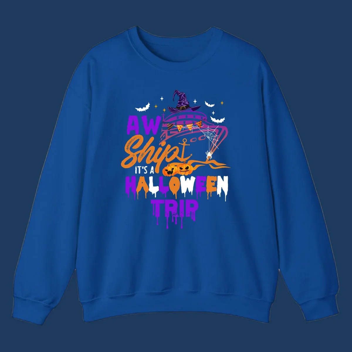 Halloween cruise trip design with purple witch hat UFO, jack-o-lantern pumpkins, spider web, bats, and festive party decorations