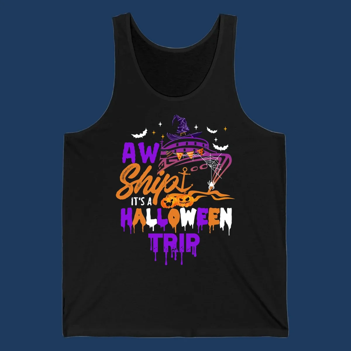 Halloween cruise trip design with purple witch hat UFO, jack-o-lantern pumpkins, spider web, bats, and festive party decorations