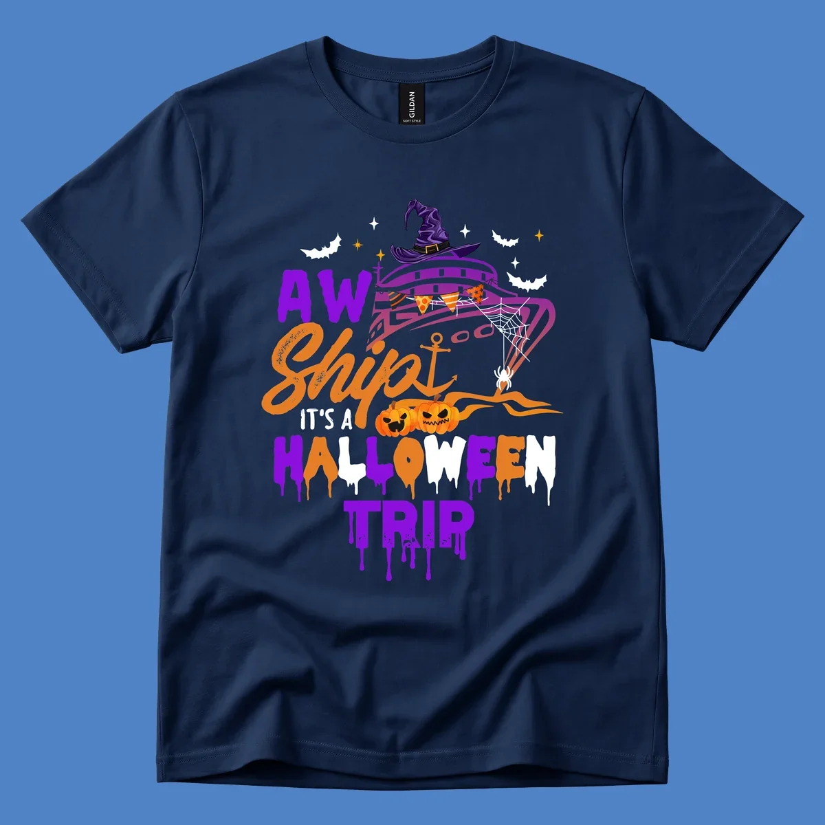 Halloween cruise trip design with purple witch hat UFO, jack-o-lantern pumpkins, spider web, bats, and festive party decorations