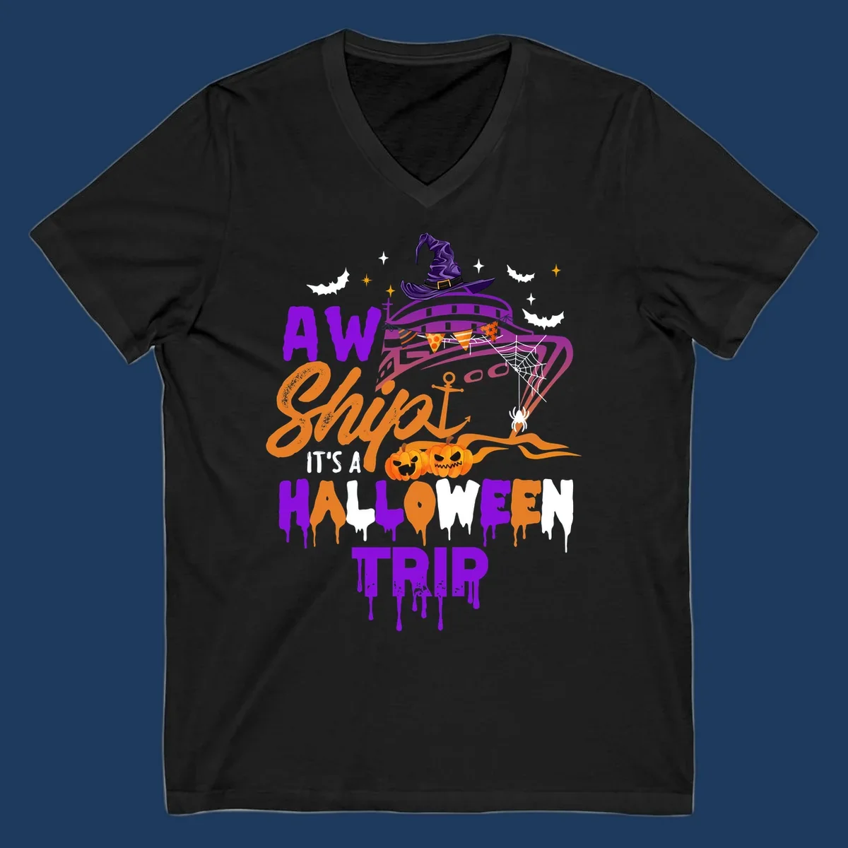 Halloween cruise trip design with purple witch hat UFO, jack-o-lantern pumpkins, spider web, bats, and festive party decorations