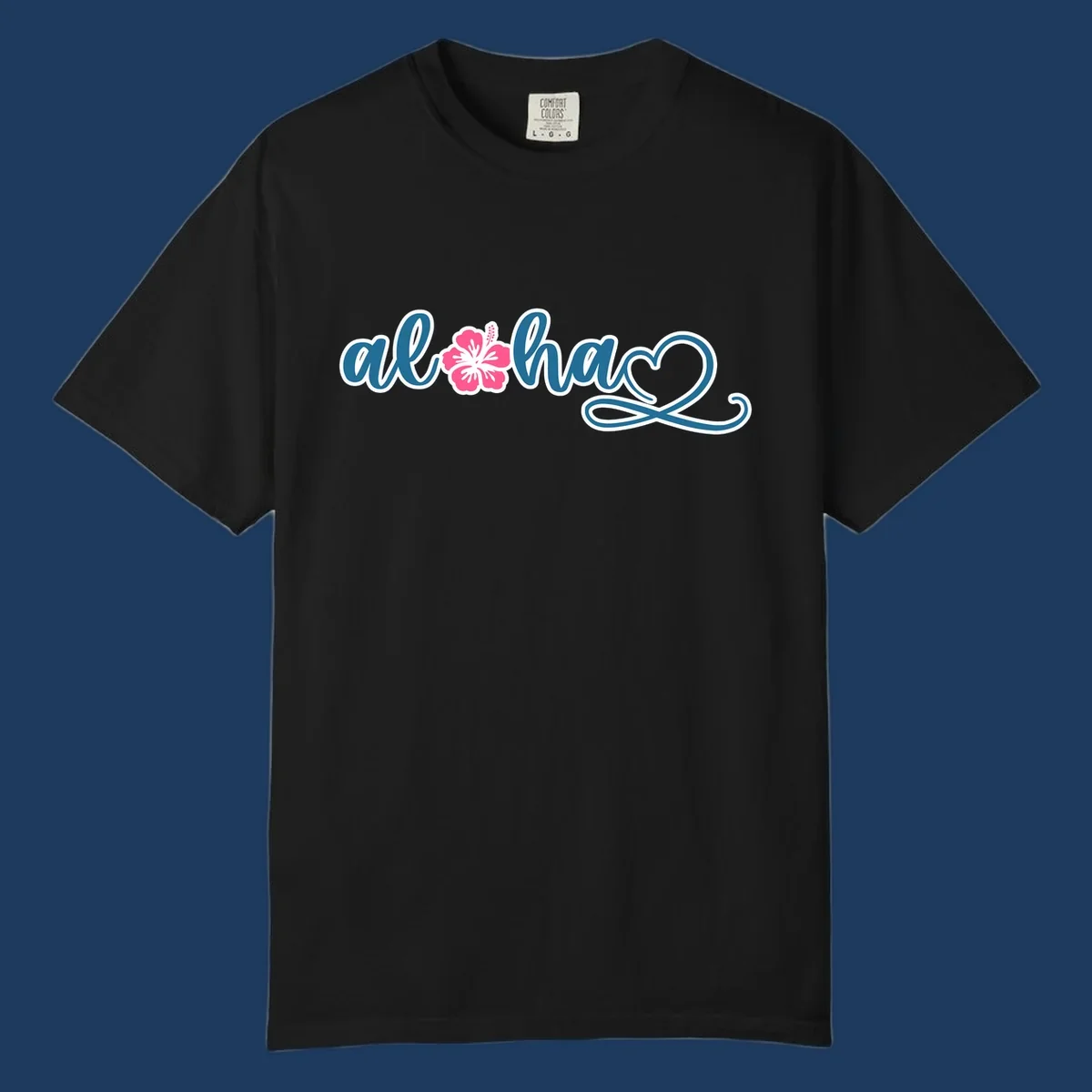 Aloha hibiscus cruise design featuring blue cursive 'aloha' text with pink hibiscus flower and decorative flourish