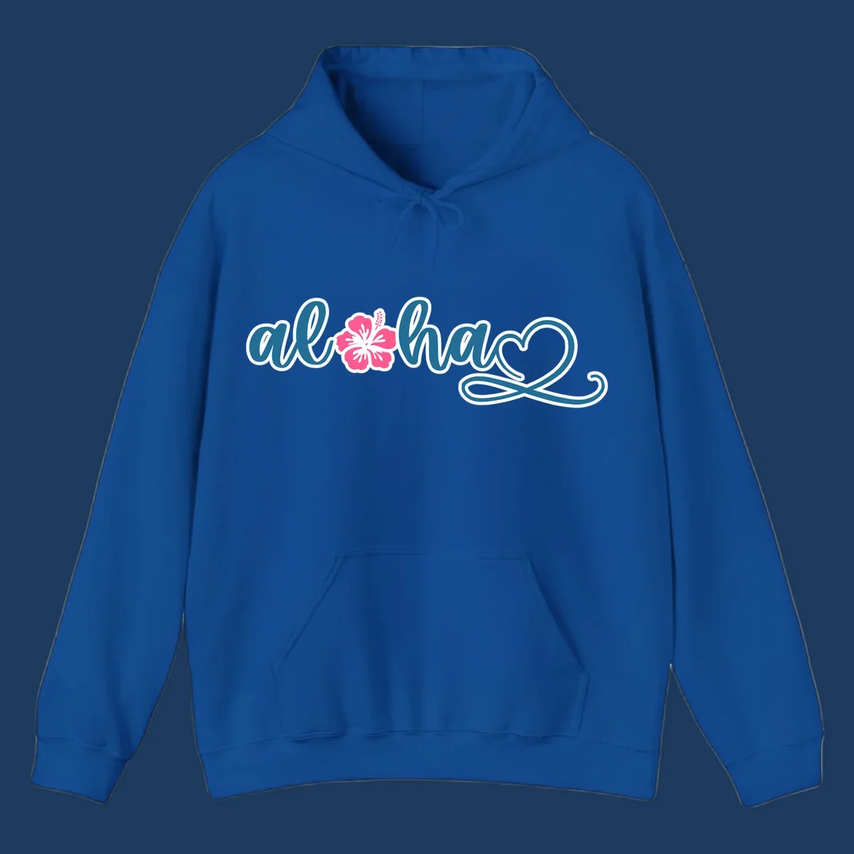 Aloha hibiscus cruise design featuring blue cursive 'aloha' text with pink hibiscus flower and decorative flourish