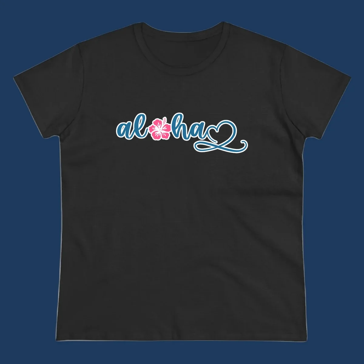 Aloha hibiscus cruise design featuring blue cursive 'aloha' text with pink hibiscus flower and decorative flourish
