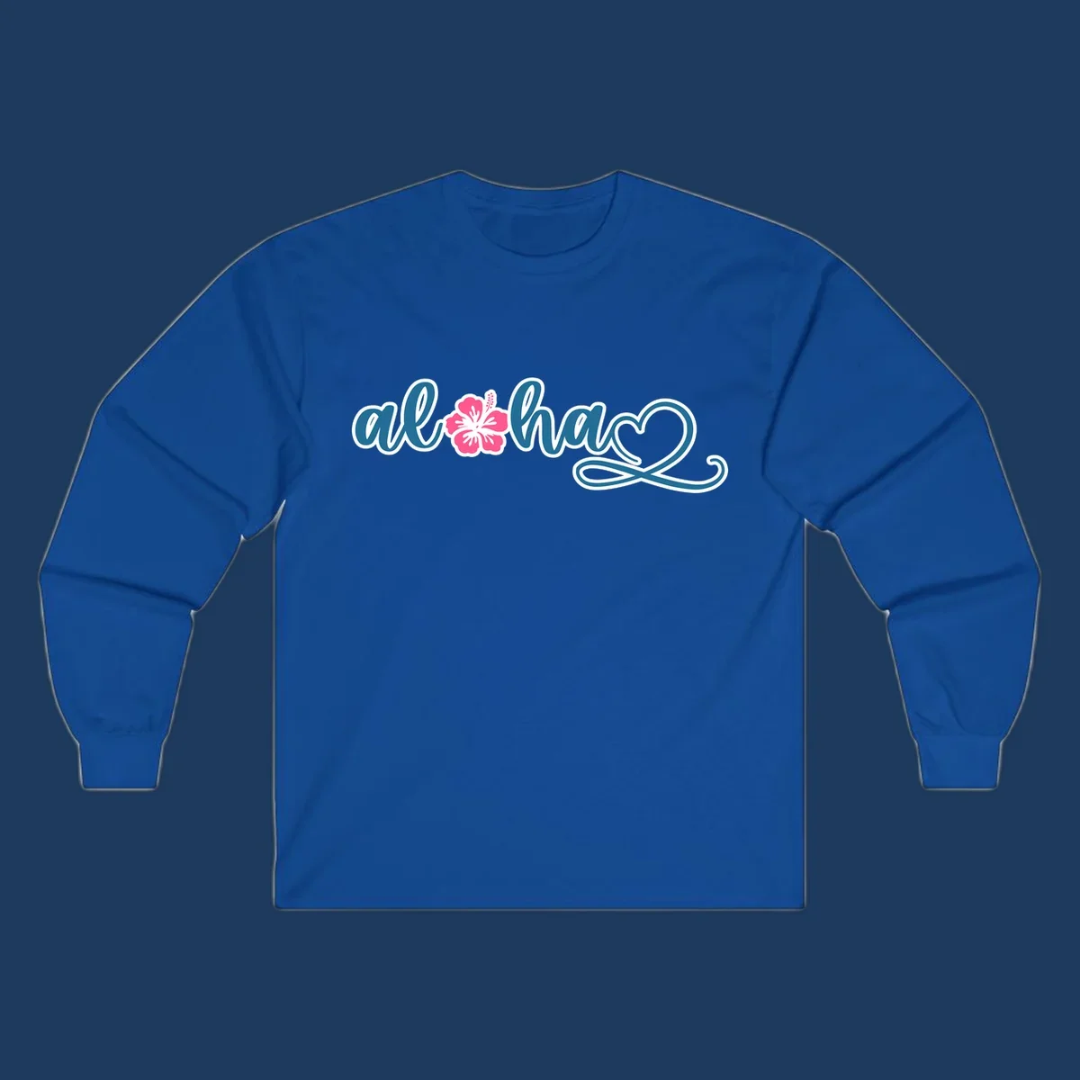 Aloha hibiscus cruise design featuring blue cursive 'aloha' text with pink hibiscus flower and decorative flourish