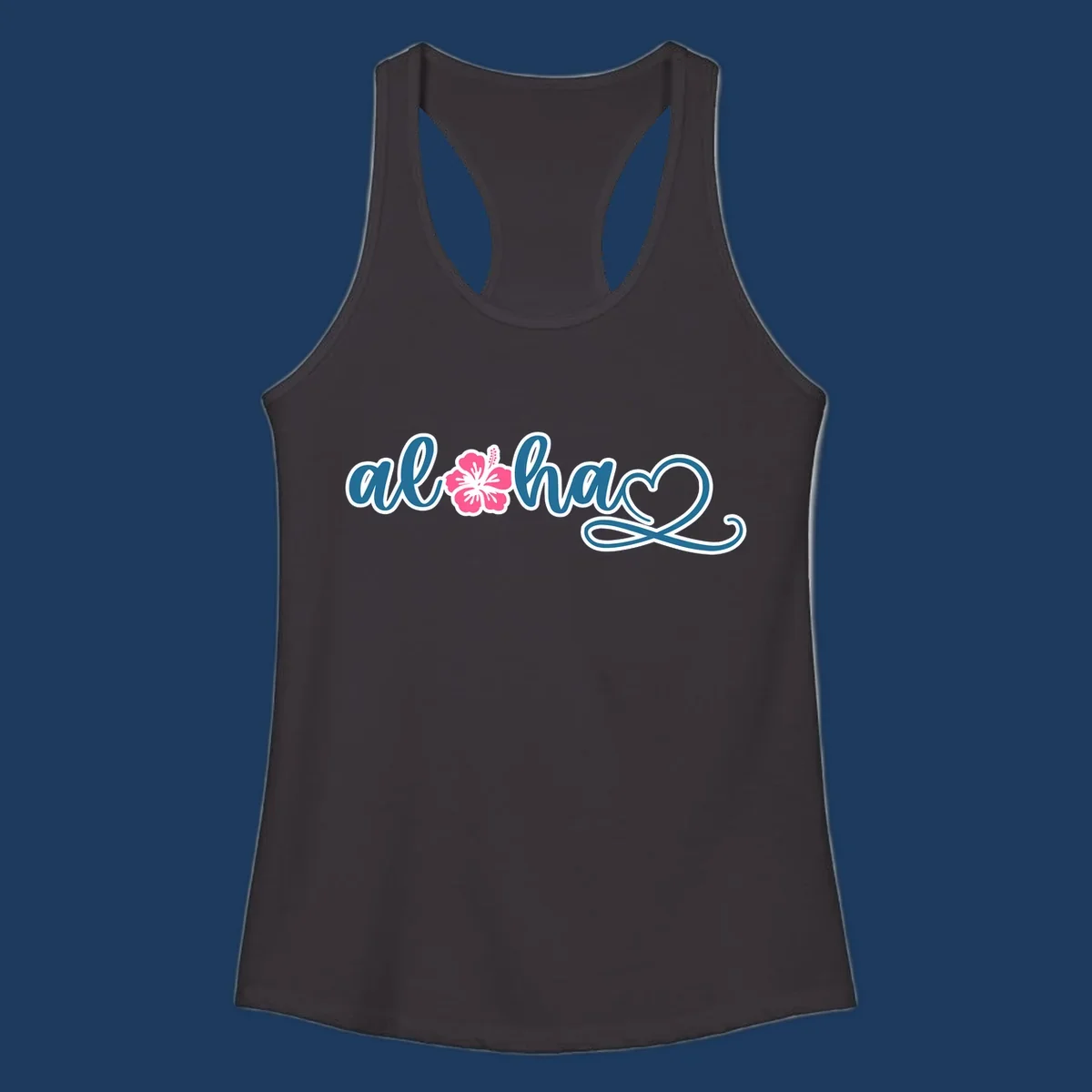 Aloha hibiscus cruise design featuring blue cursive 'aloha' text with pink hibiscus flower and decorative flourish