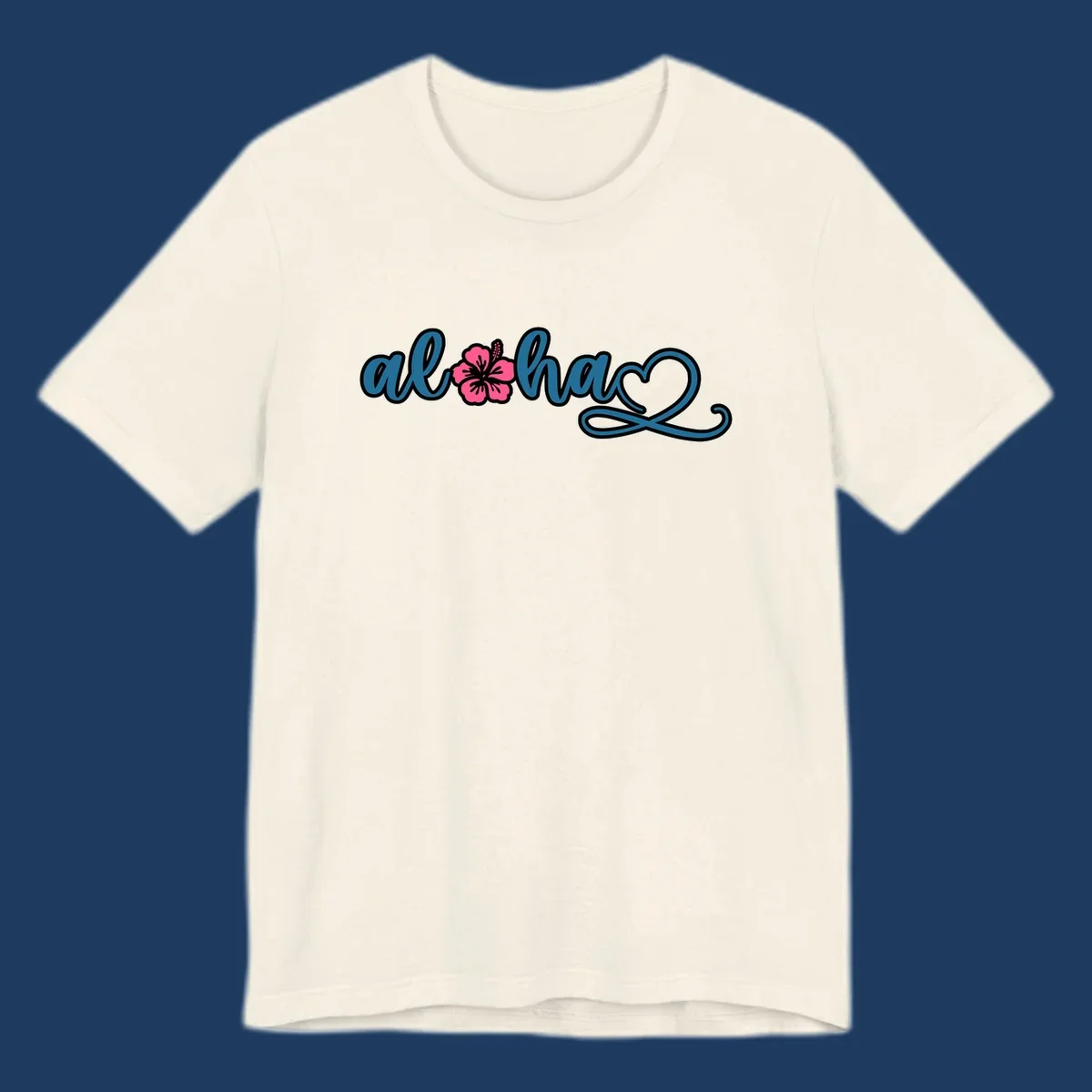 Aloha hibiscus cruise design featuring blue cursive 'aloha' text with pink hibiscus flower and decorative flourish