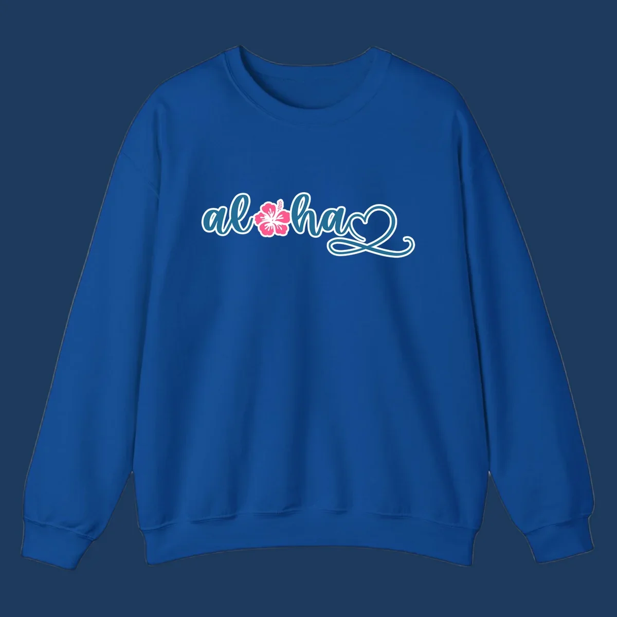 Aloha hibiscus cruise design featuring blue cursive 'aloha' text with pink hibiscus flower and decorative flourish