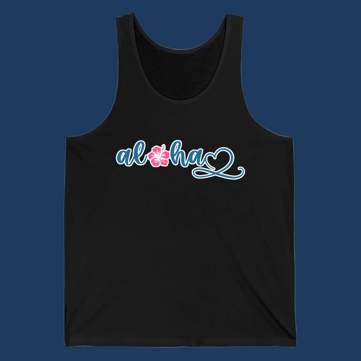 Aloha hibiscus cruise design featuring blue cursive 'aloha' text with pink hibiscus flower and decorative flourish