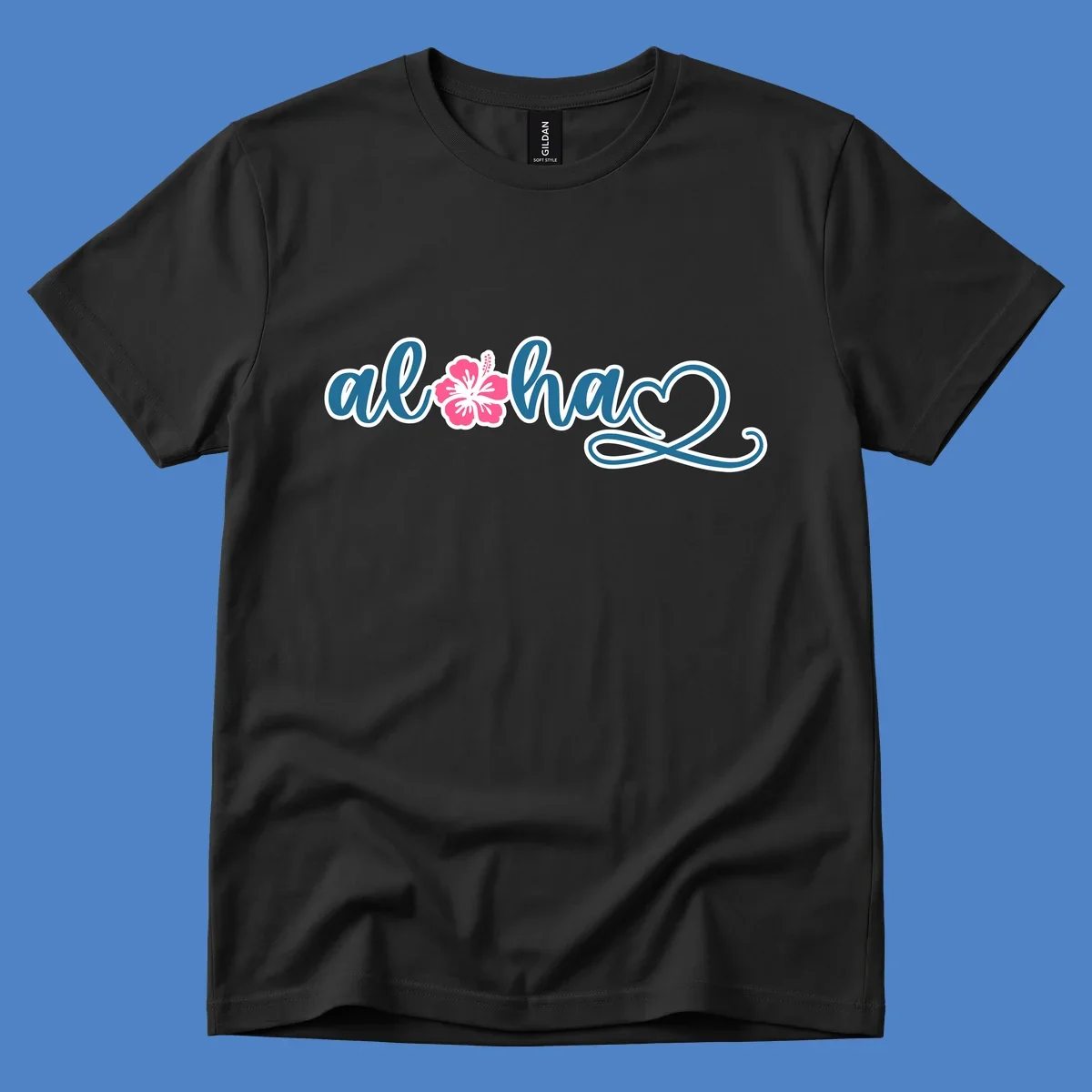 Aloha hibiscus cruise design featuring blue cursive 'aloha' text with pink hibiscus flower and decorative flourish