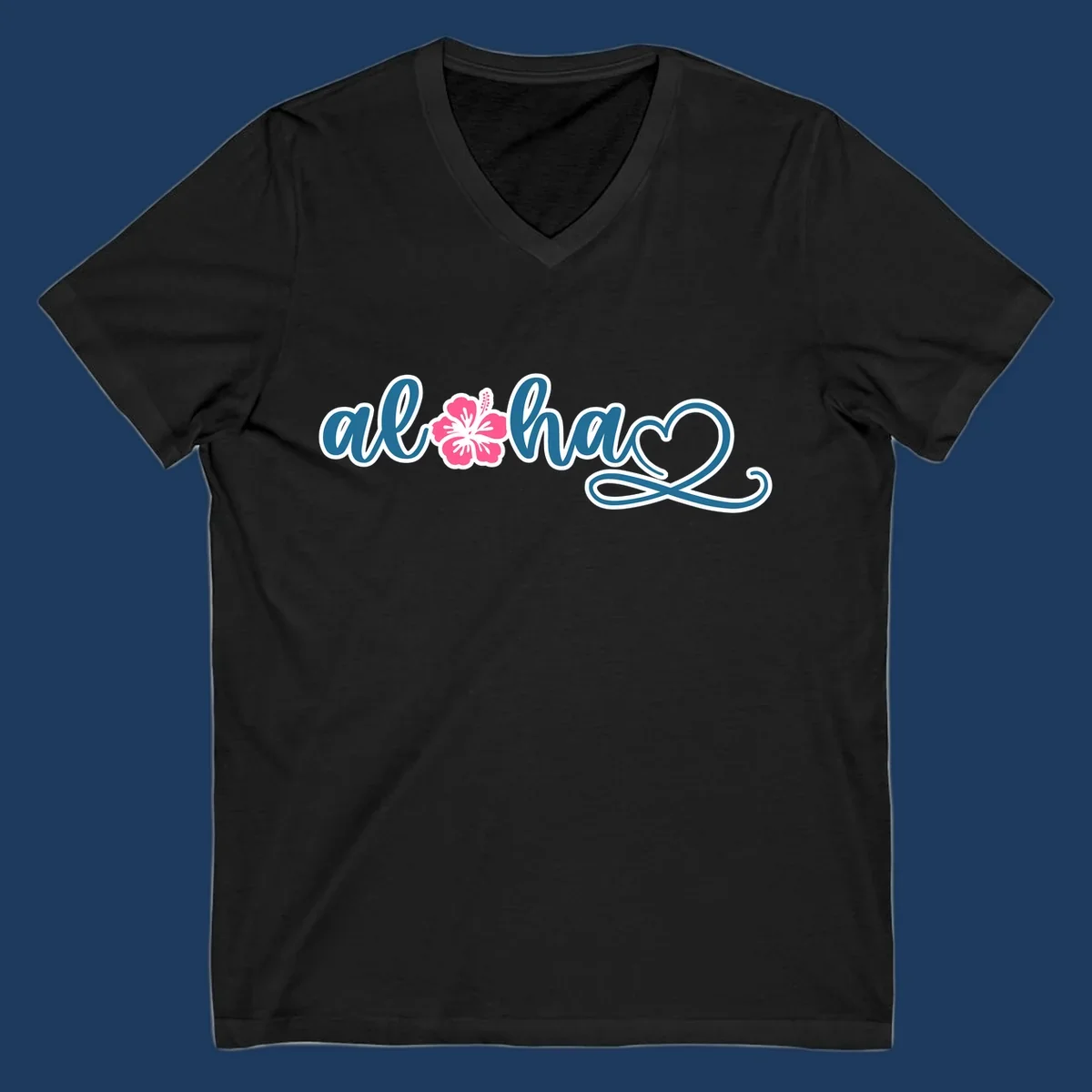Aloha hibiscus cruise design featuring blue cursive 'aloha' text with pink hibiscus flower and decorative flourish