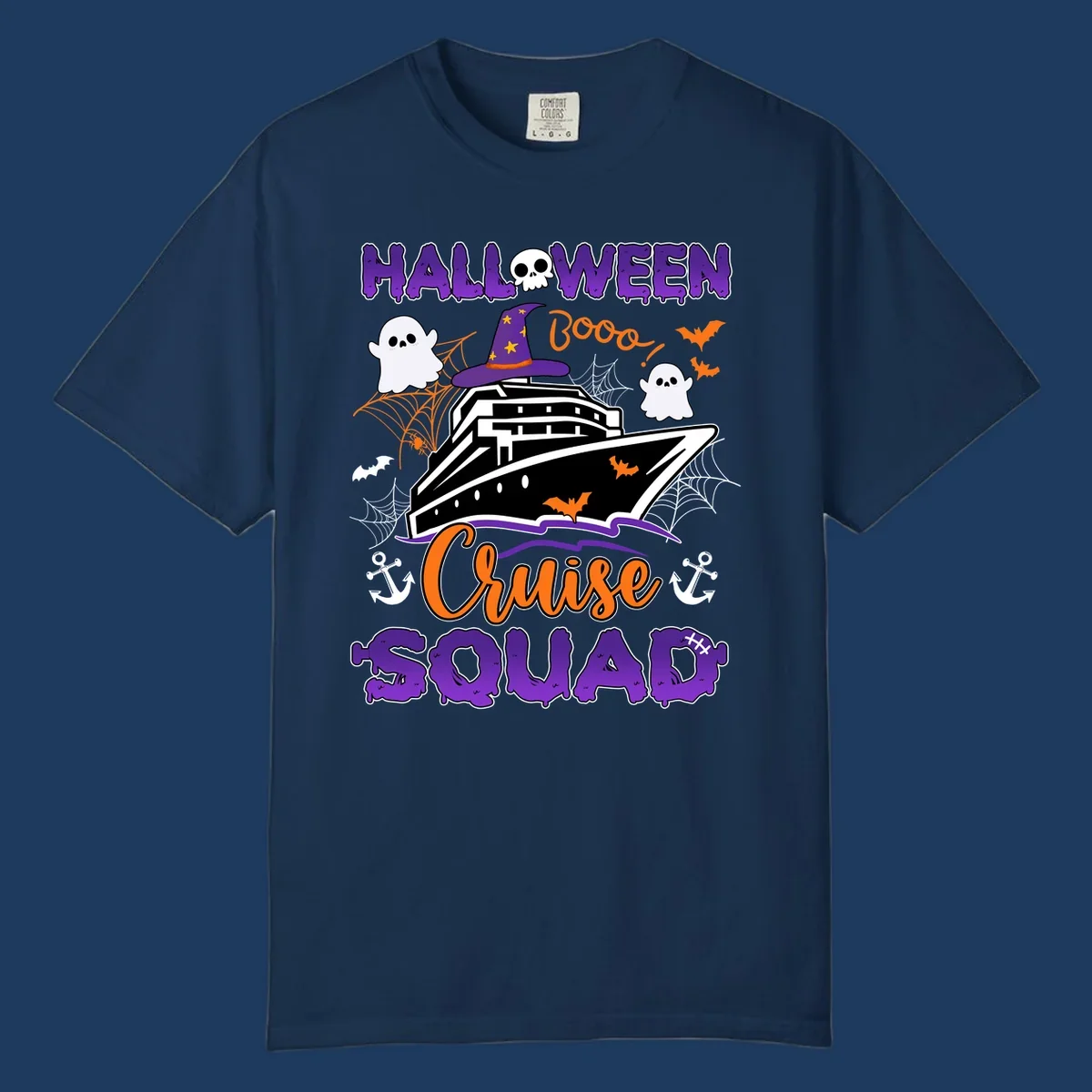 Halloween cruise squad design with ship wearing witch hat, ghosts, bats, and spiders on gray background