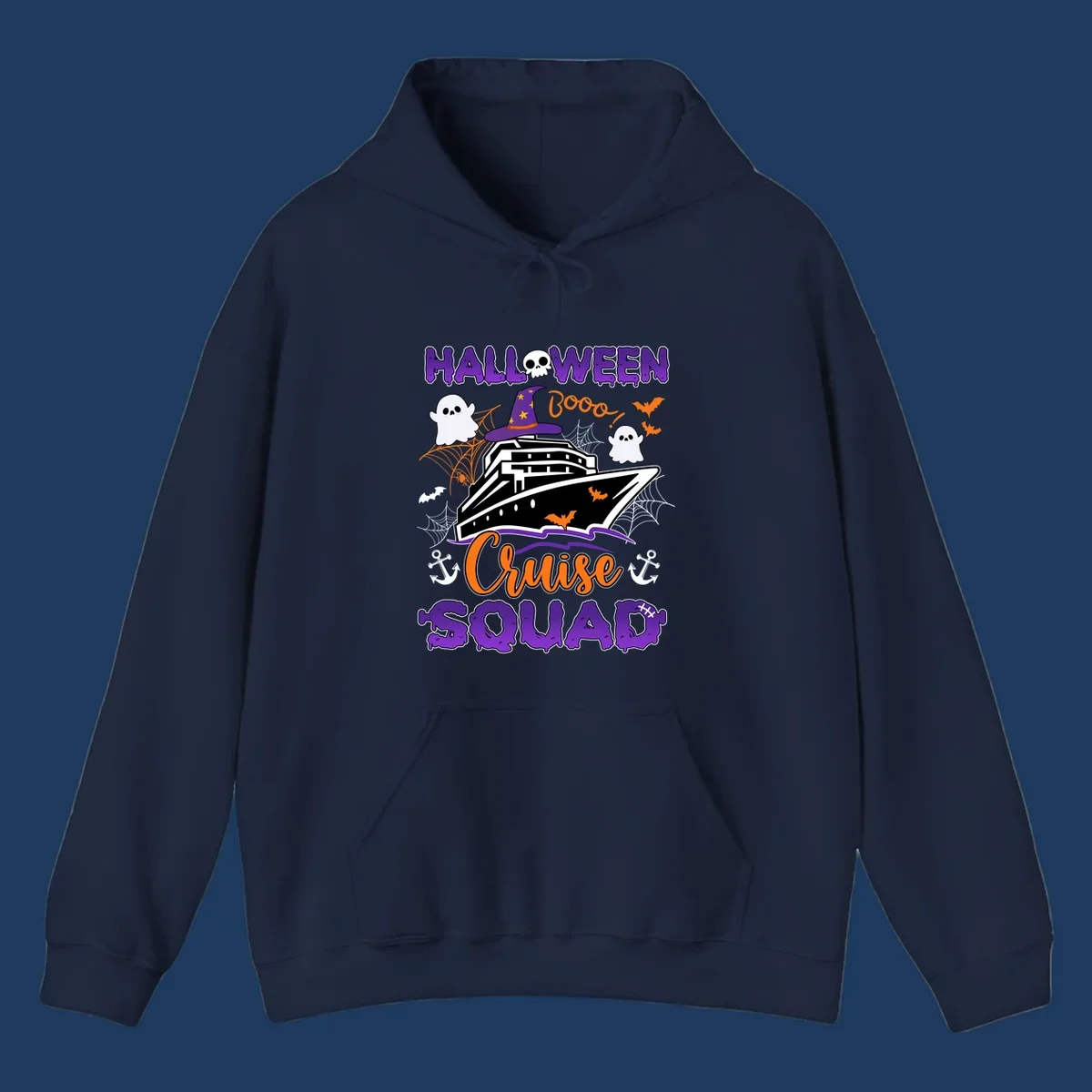 Halloween cruise squad design with ship wearing witch hat, ghosts, bats, and spiders on gray background