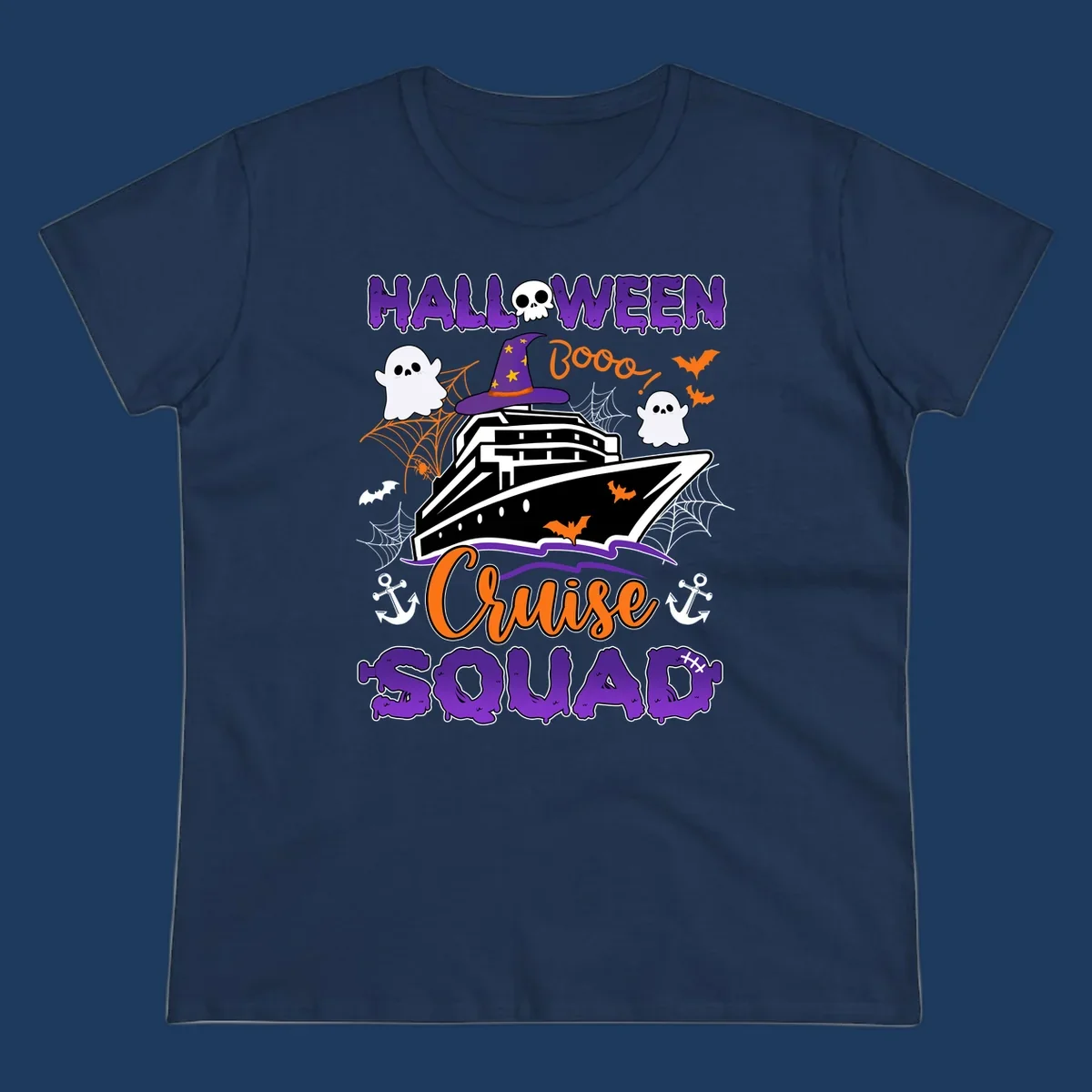 Halloween cruise squad design with ship wearing witch hat, ghosts, bats, and spiders on gray background