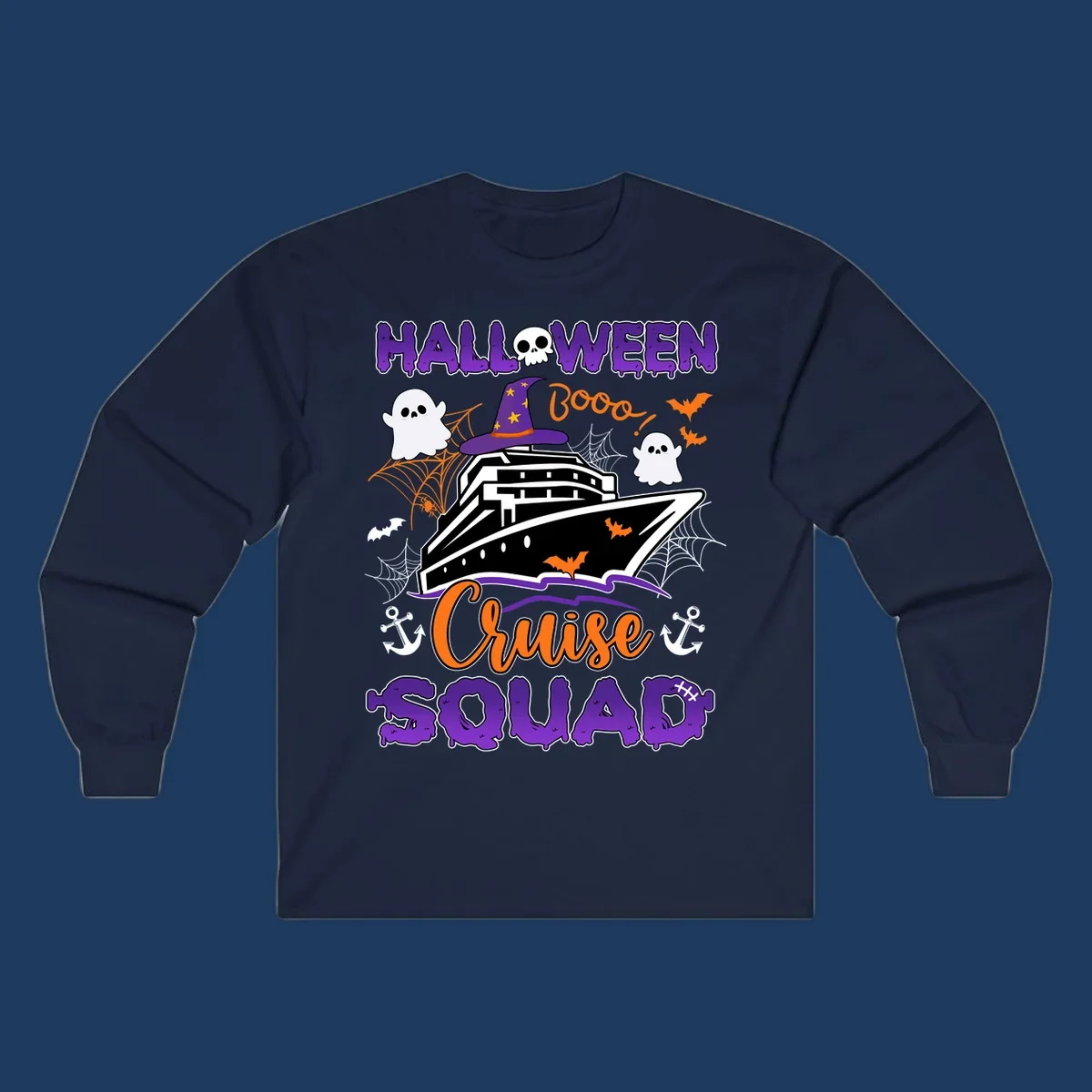 Halloween cruise squad design with ship wearing witch hat, ghosts, bats, and spiders on gray background