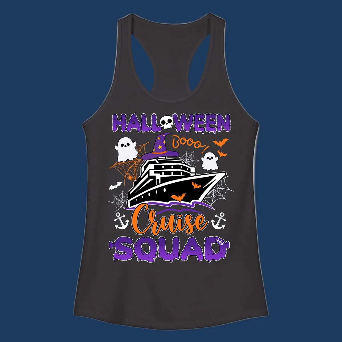 Halloween cruise squad design with ship wearing witch hat, ghosts, bats, and spiders on gray background