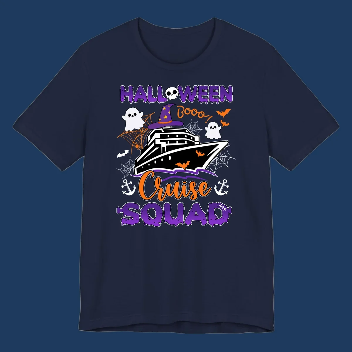 Halloween cruise squad design with ship wearing witch hat, ghosts, bats, and spiders on gray background