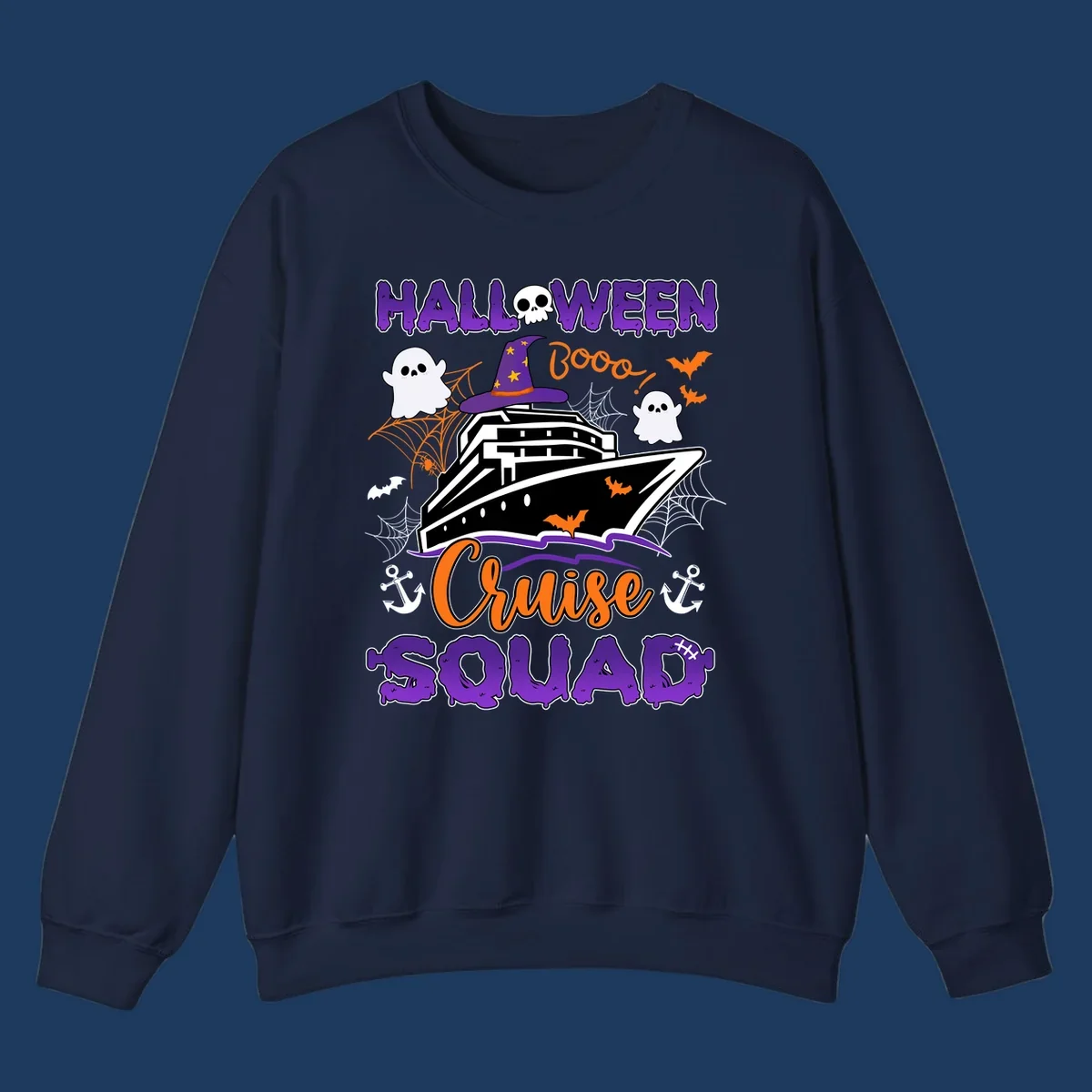 Halloween cruise squad design with ship wearing witch hat, ghosts, bats, and spiders on gray background