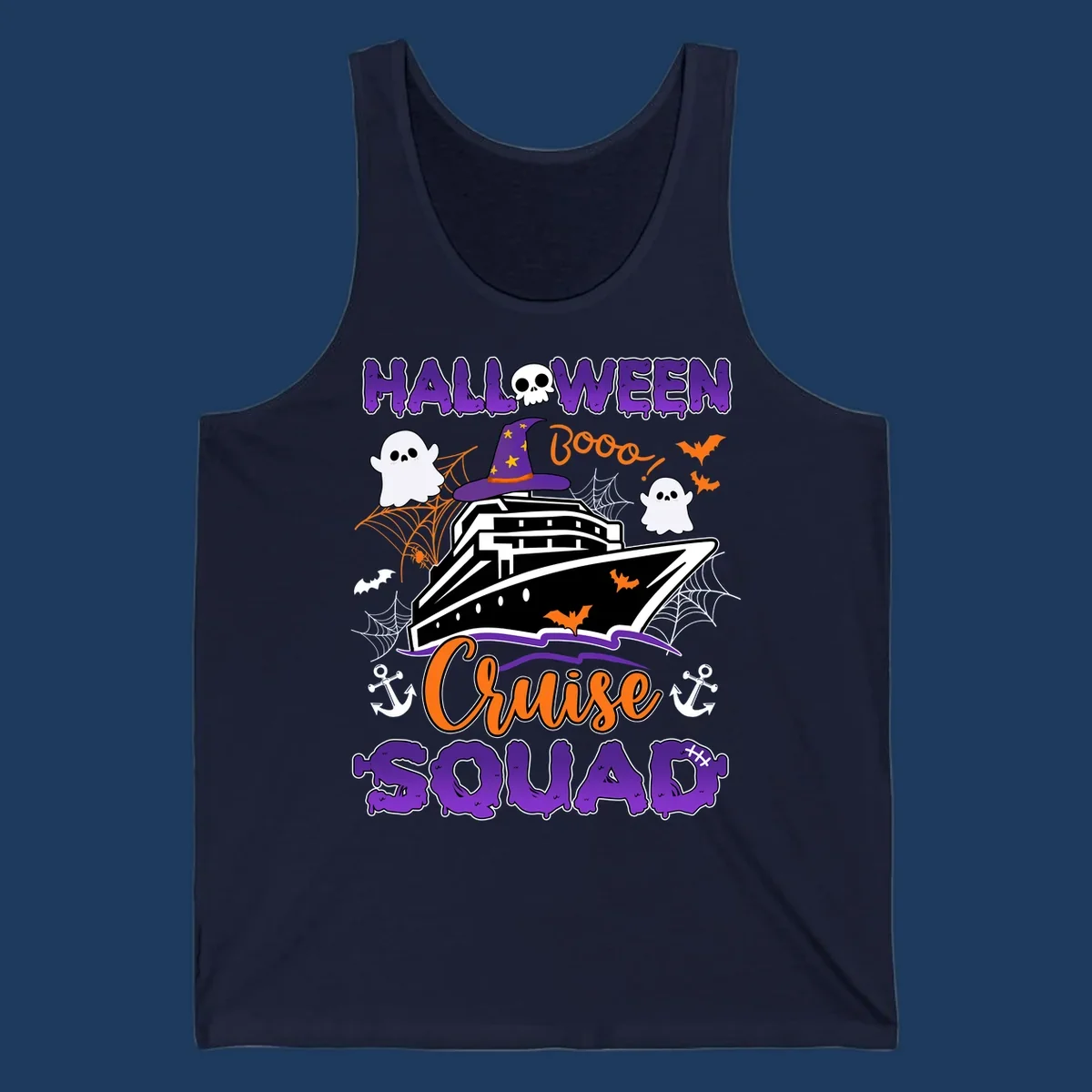 Halloween cruise squad design with ship wearing witch hat, ghosts, bats, and spiders on gray background