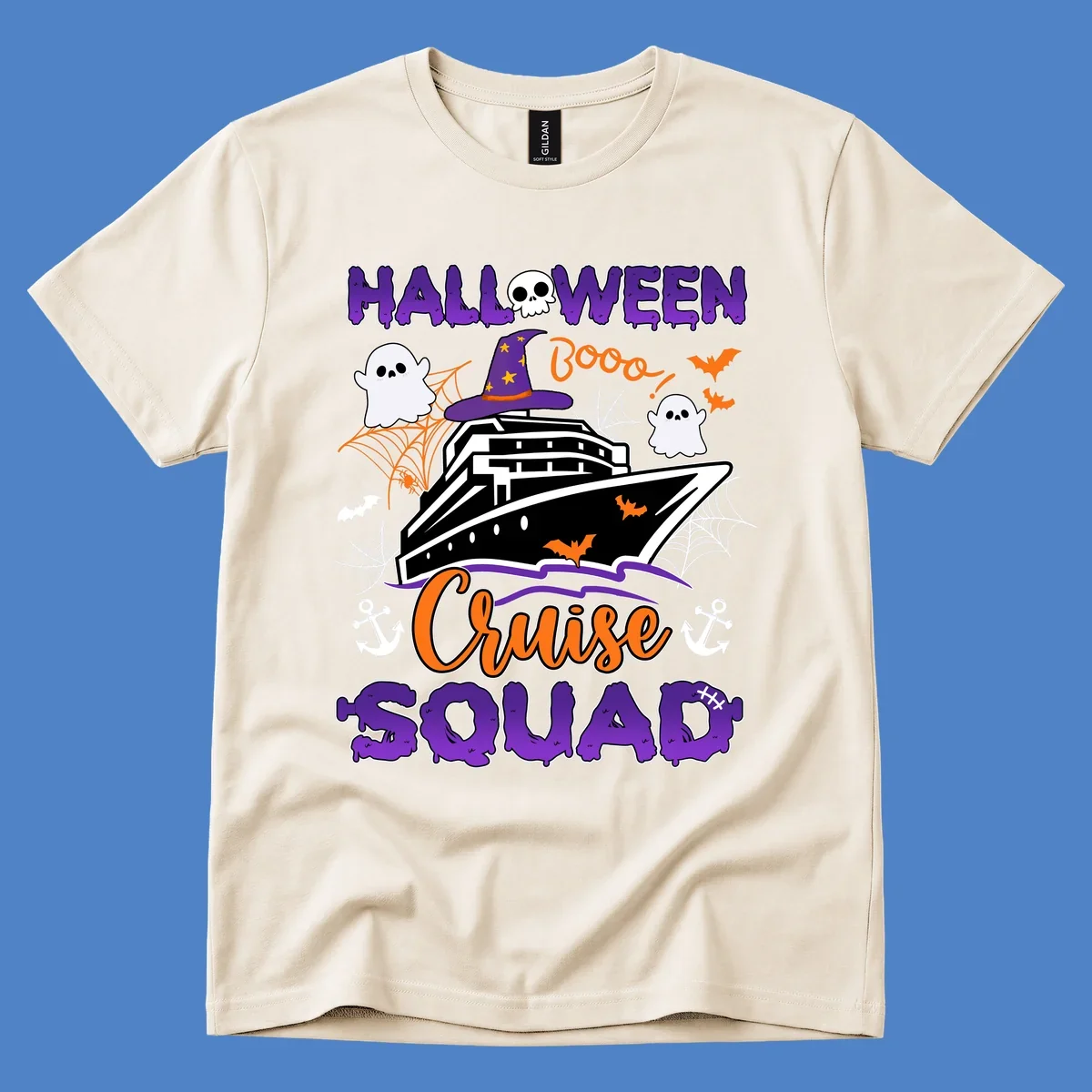Halloween cruise squad design with ship wearing witch hat, ghosts, bats, and spiders on gray background