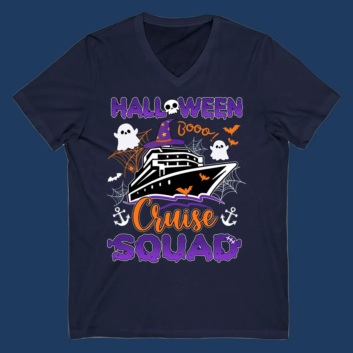 Halloween cruise squad design with ship wearing witch hat, ghosts, bats, and spiders on gray background