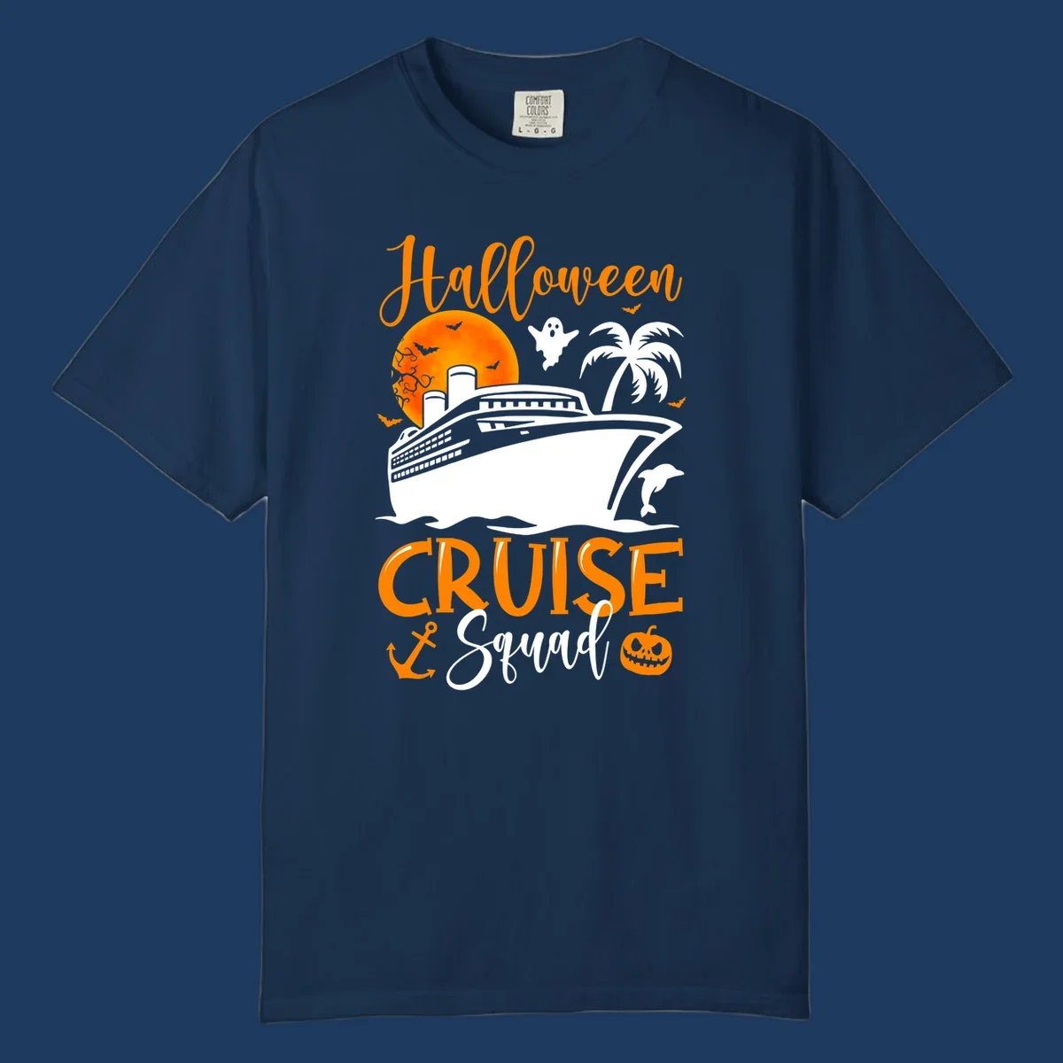 Halloween cruise squad design with ship, moon, ghosts, bats, palm tree, dolphin and anchor on gray background