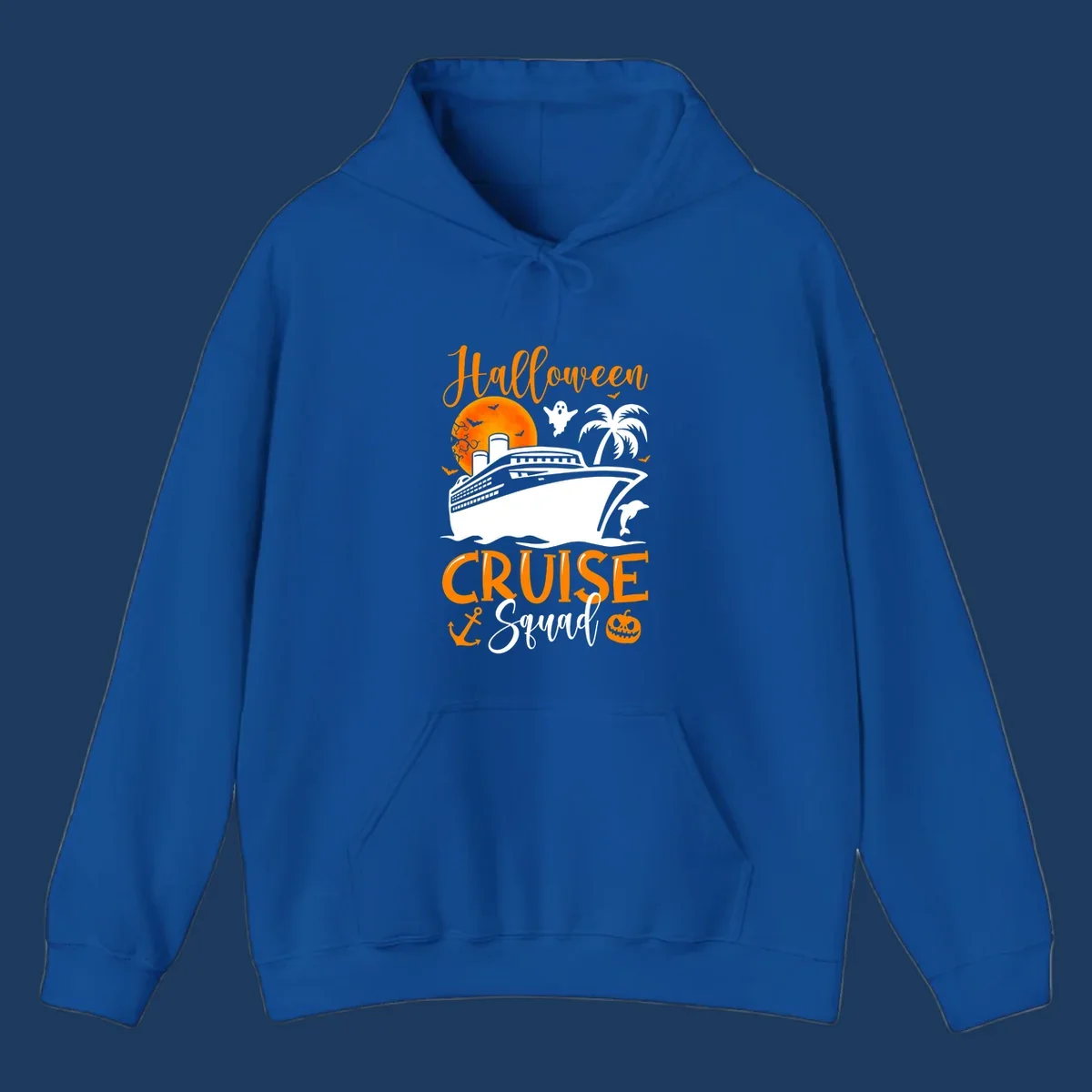 Halloween cruise squad design with ship, moon, ghosts, bats, palm tree, dolphin and anchor on gray background