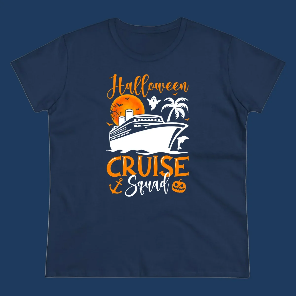Halloween cruise squad design with ship, moon, ghosts, bats, palm tree, dolphin and anchor on gray background