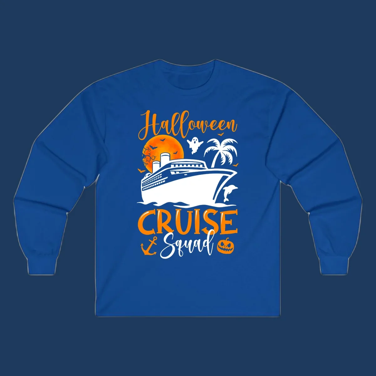 Halloween cruise squad design with ship, moon, ghosts, bats, palm tree, dolphin and anchor on gray background