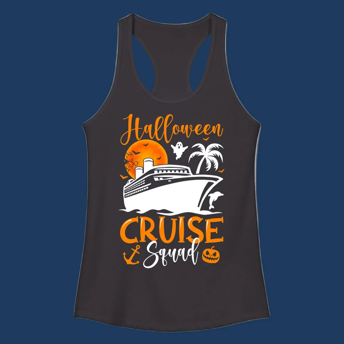 Halloween cruise squad design with ship, moon, ghosts, bats, palm tree, dolphin and anchor on gray background