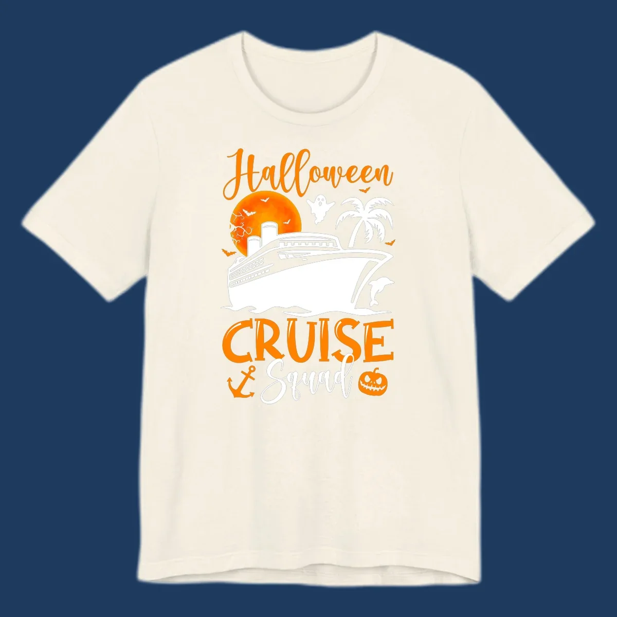 Halloween cruise squad design with ship, moon, ghosts, bats, palm tree, dolphin and anchor on gray background