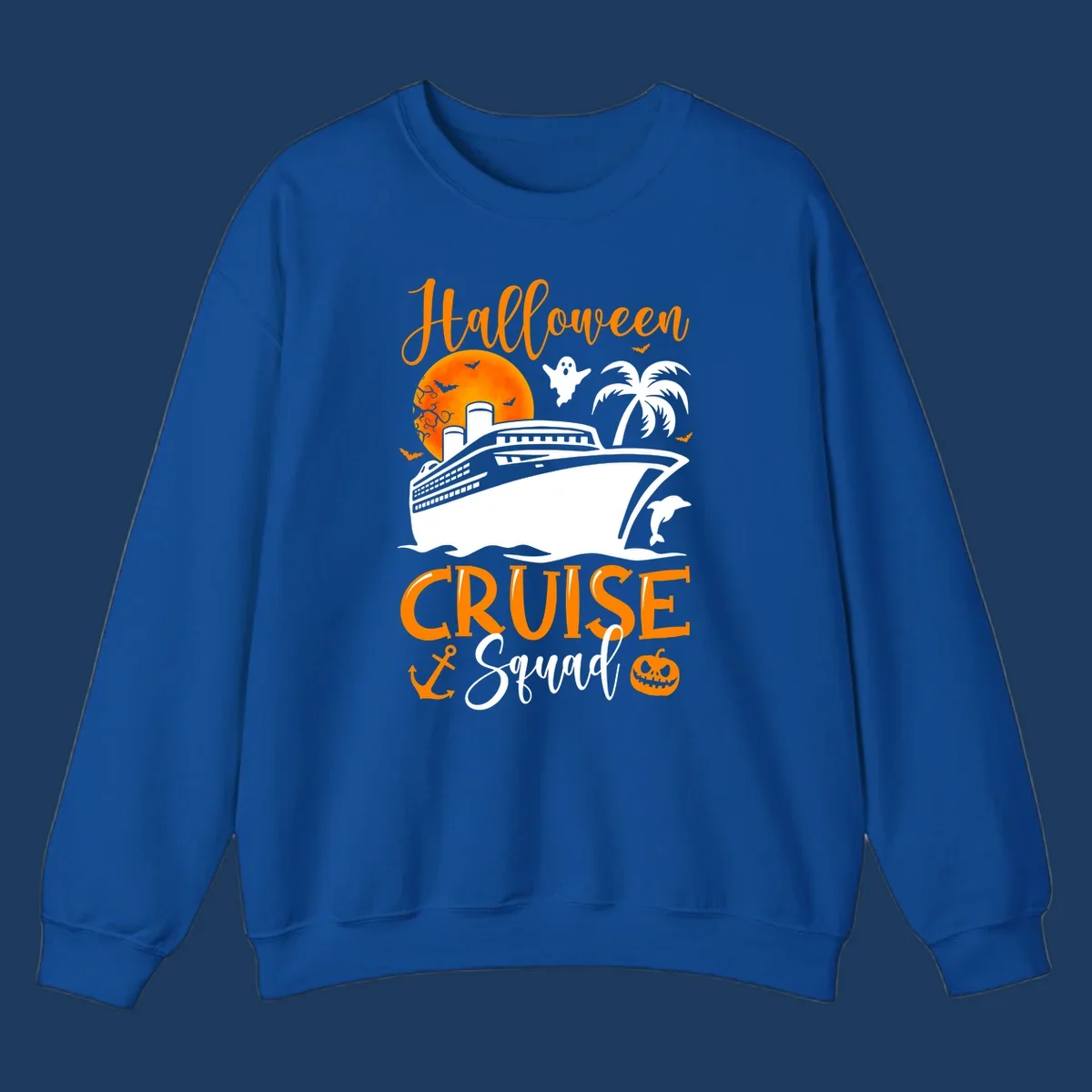 Halloween cruise squad design with ship, moon, ghosts, bats, palm tree, dolphin and anchor on gray background