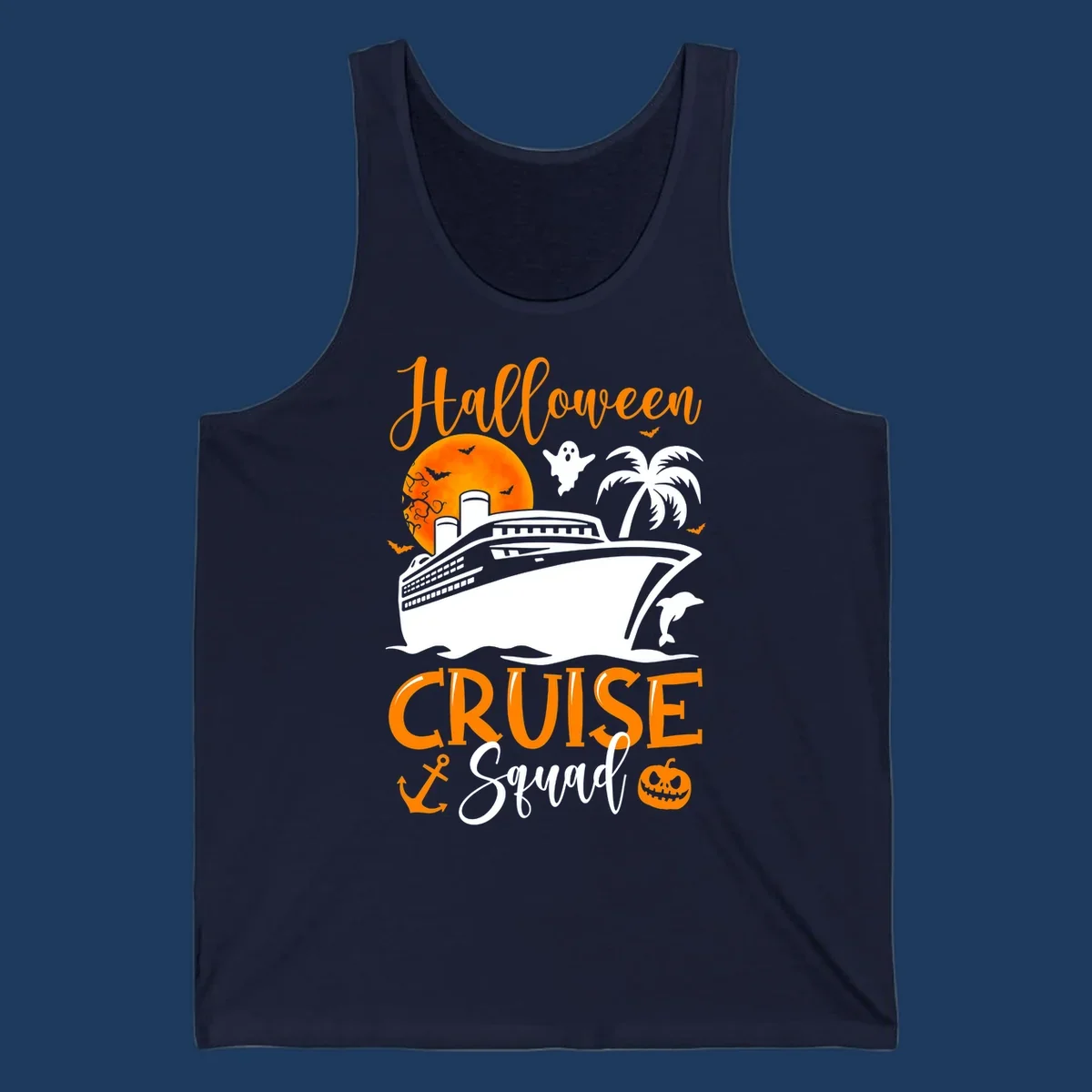 Halloween cruise squad design with ship, moon, ghosts, bats, palm tree, dolphin and anchor on gray background