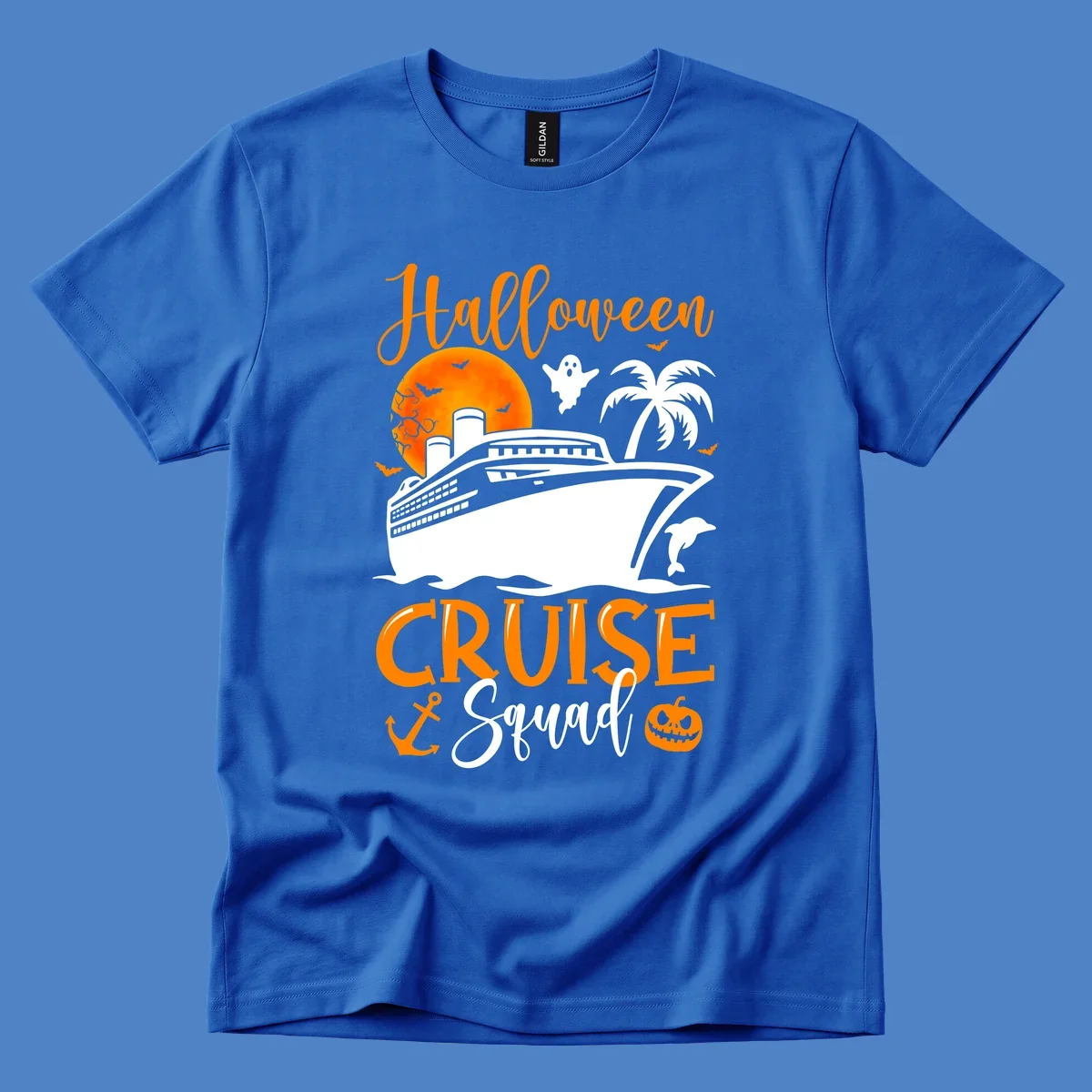 Halloween cruise squad design with ship, moon, ghosts, bats, palm tree, dolphin and anchor on gray background