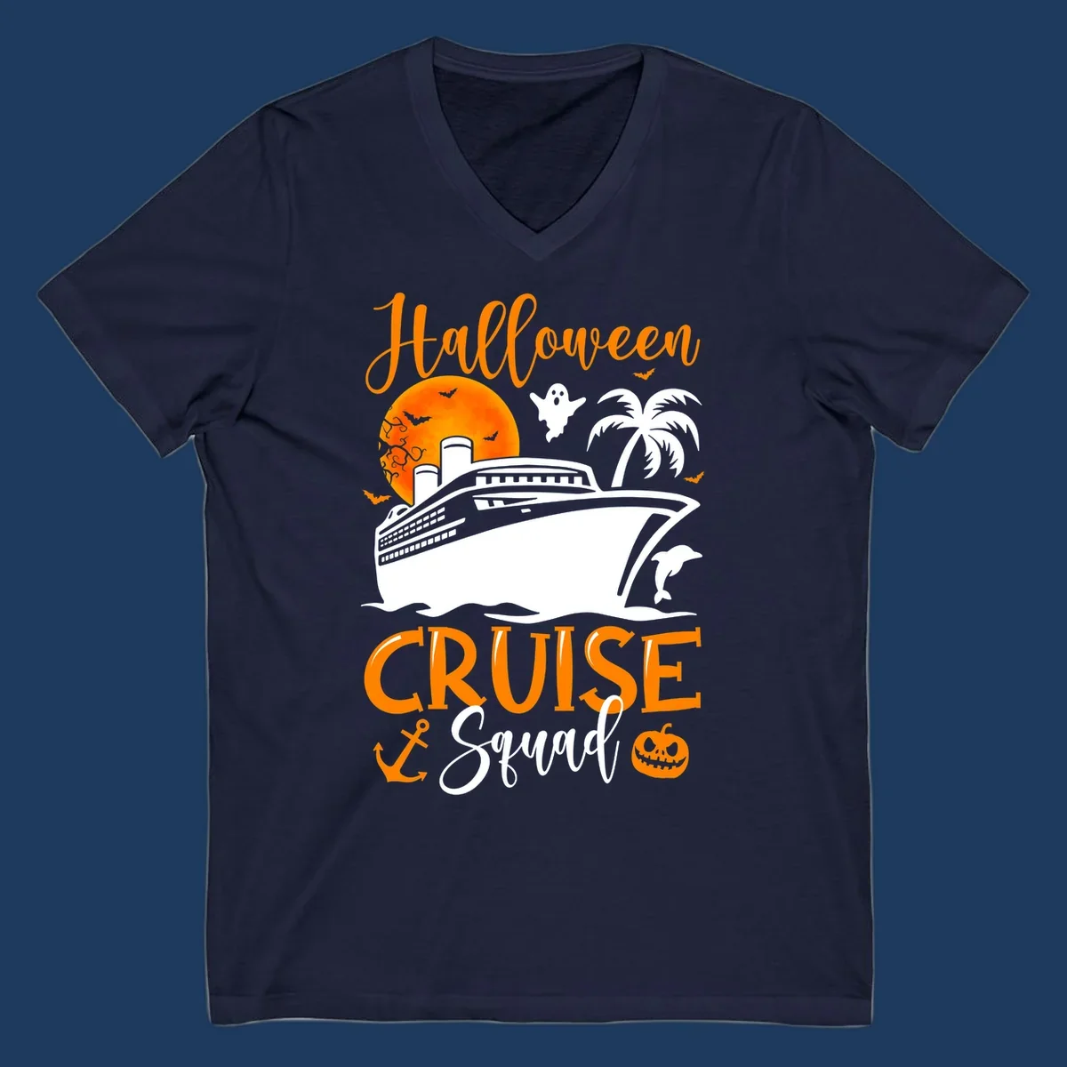 Halloween cruise squad design with ship, moon, ghosts, bats, palm tree, dolphin and anchor on gray background
