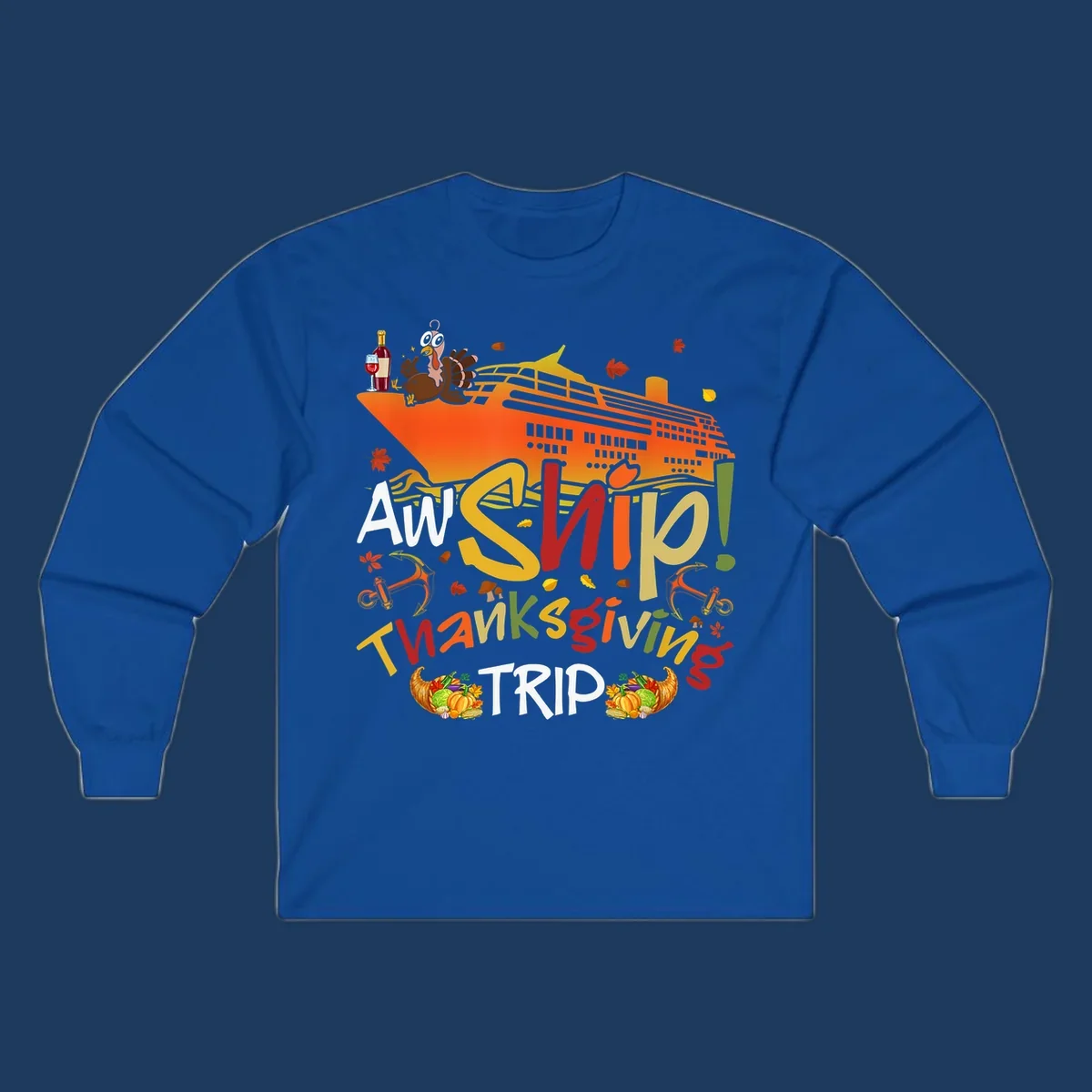 Illustrated thanksgiving cruise ship design with turkey, wine, cornucopia, autumn leaves, and colorful 'An Ship Thanksgiving Trip' text