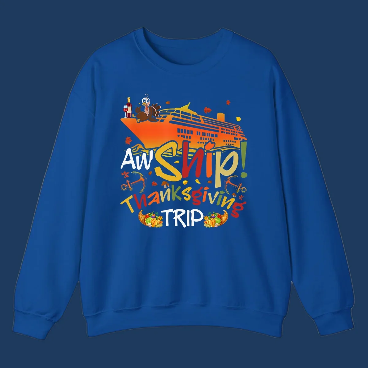 Illustrated thanksgiving cruise ship design with turkey, wine, cornucopia, autumn leaves, and colorful 'An Ship Thanksgiving Trip' text