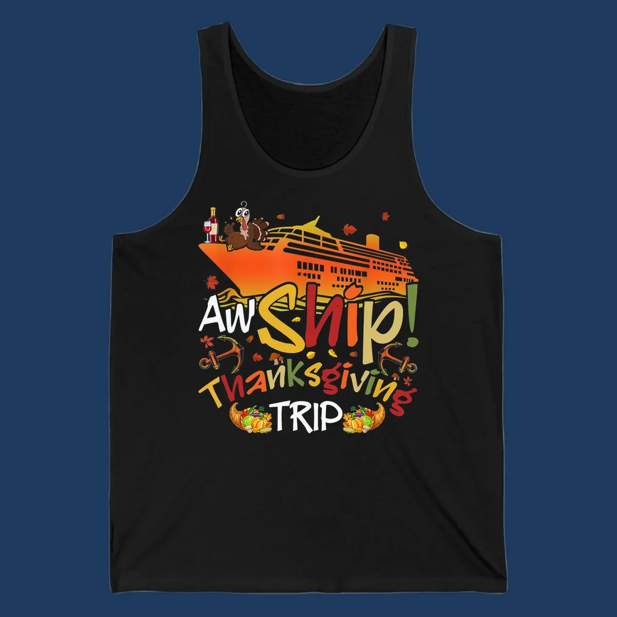 Illustrated thanksgiving cruise ship design with turkey, wine, cornucopia, autumn leaves, and colorful 'An Ship Thanksgiving Trip' text