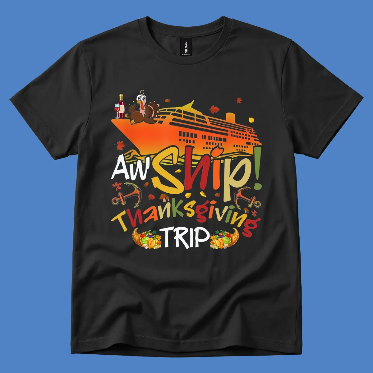 Illustrated thanksgiving cruise ship design with turkey, wine, cornucopia, autumn leaves, and colorful 'An Ship Thanksgiving Trip' text