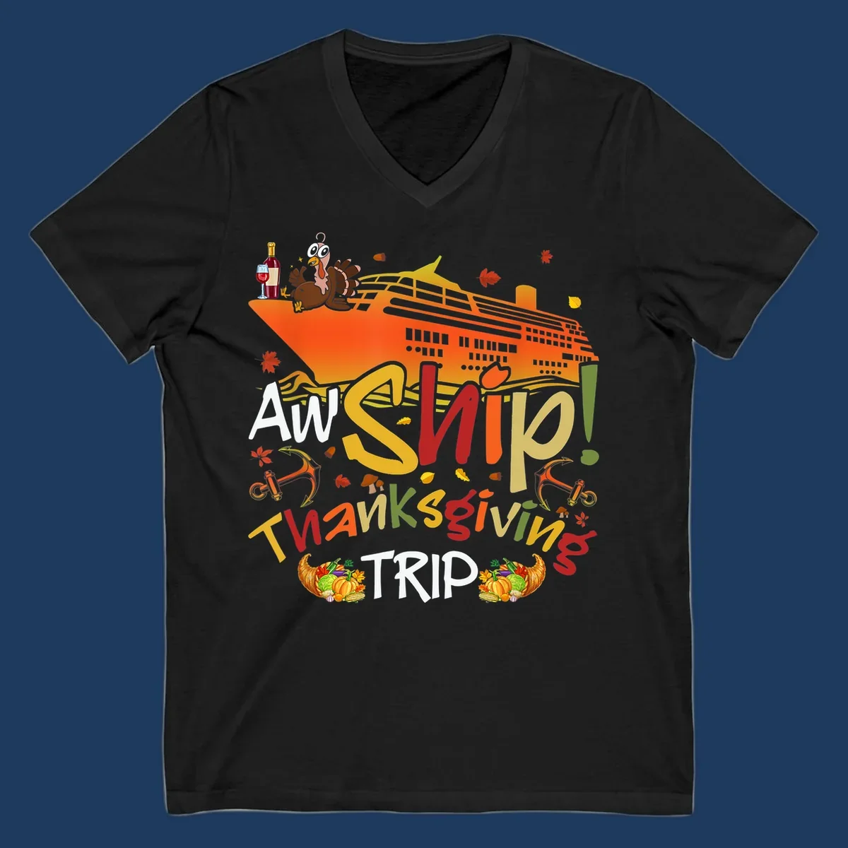 Illustrated thanksgiving cruise ship design with turkey, wine, cornucopia, autumn leaves, and colorful 'An Ship Thanksgiving Trip' text