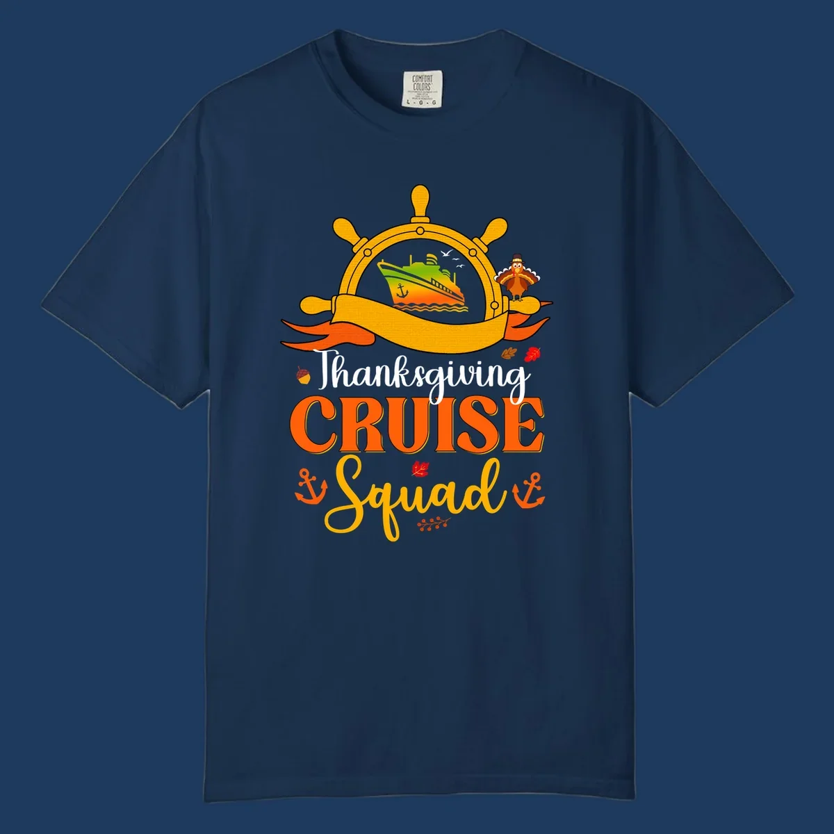 Thanksgiving cruise squad design with ship's wheel, cruise ship, pilgrim turkey, anchors, and autumn leaves on gray background
