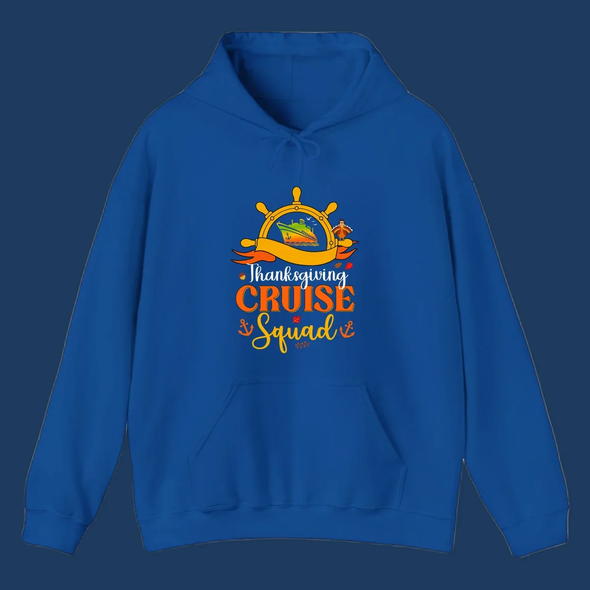 Thanksgiving cruise squad design with ship's wheel, cruise ship, pilgrim turkey, anchors, and autumn leaves on gray background