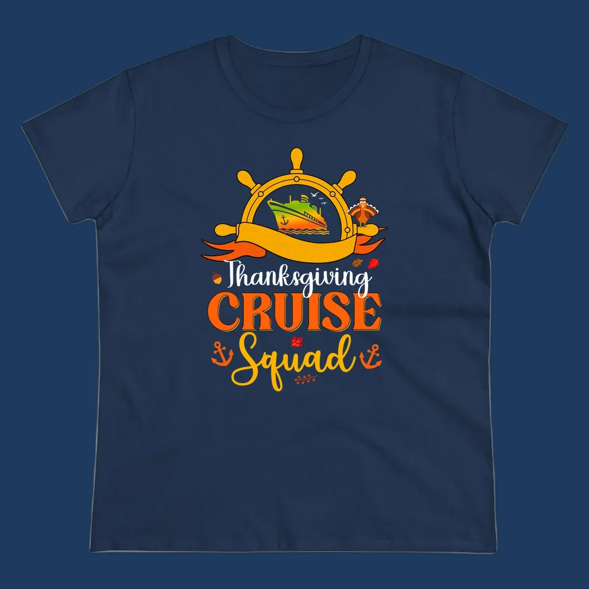 Thanksgiving cruise squad design with ship's wheel, cruise ship, pilgrim turkey, anchors, and autumn leaves on gray background