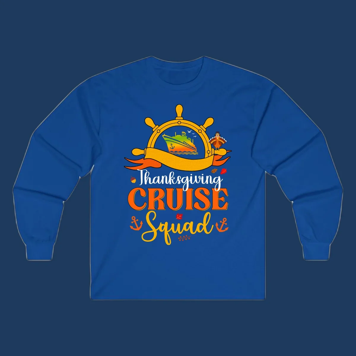 Thanksgiving cruise squad design with ship's wheel, cruise ship, pilgrim turkey, anchors, and autumn leaves on gray background