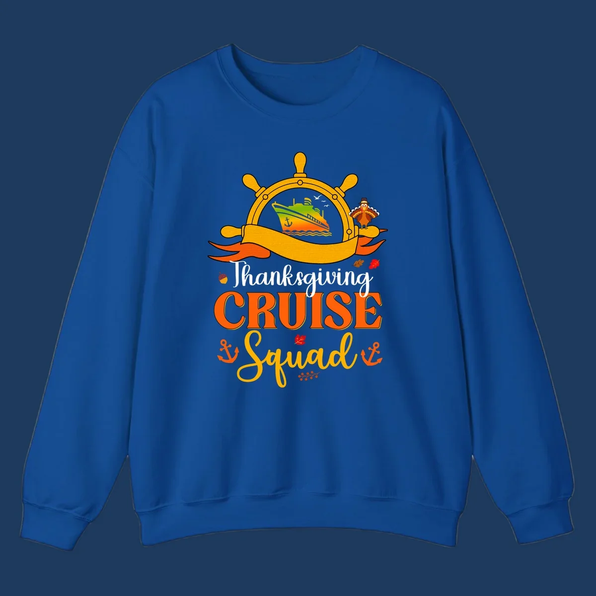 Thanksgiving cruise squad design with ship's wheel, cruise ship, pilgrim turkey, anchors, and autumn leaves on gray background