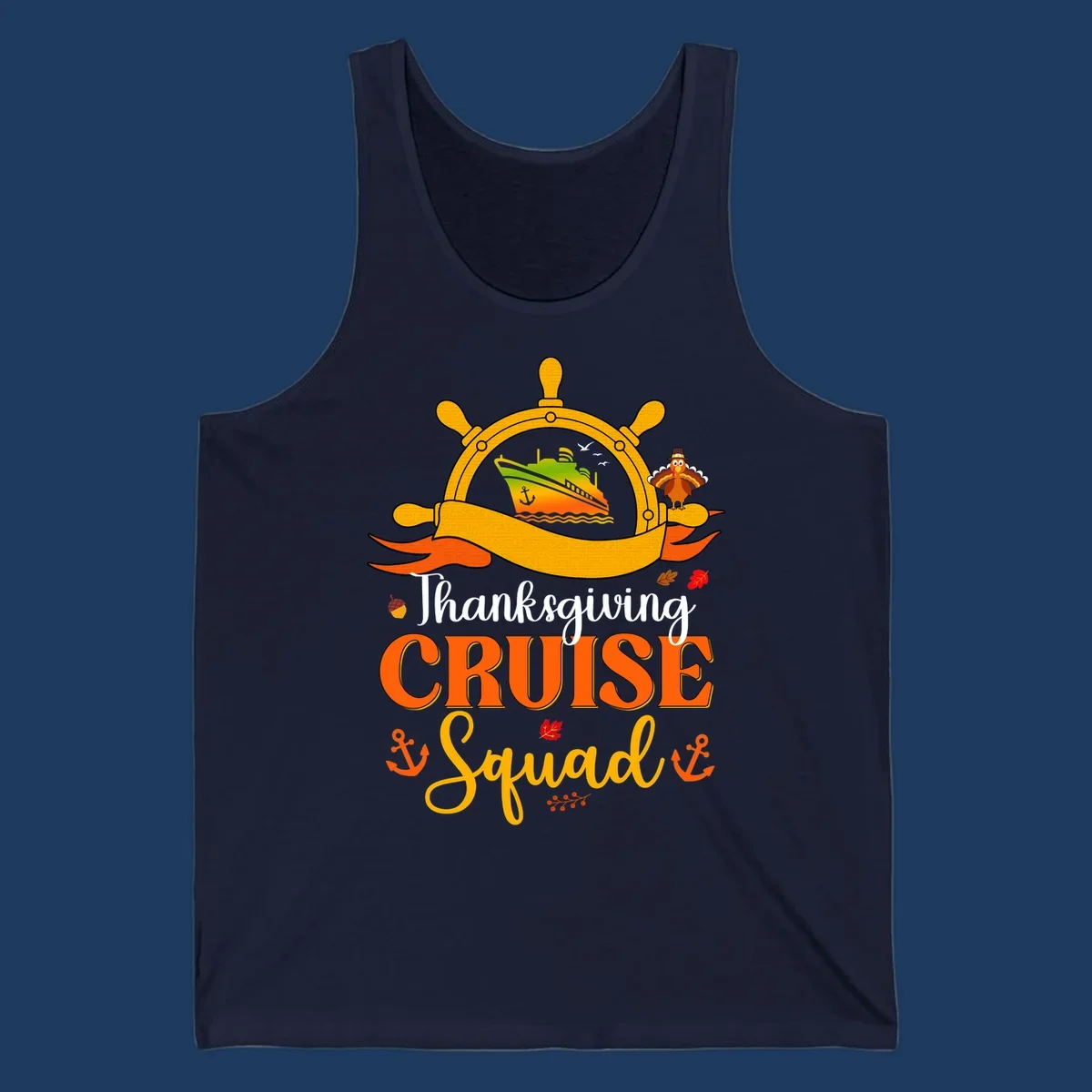 Thanksgiving cruise squad design with ship's wheel, cruise ship, pilgrim turkey, anchors, and autumn leaves on gray background